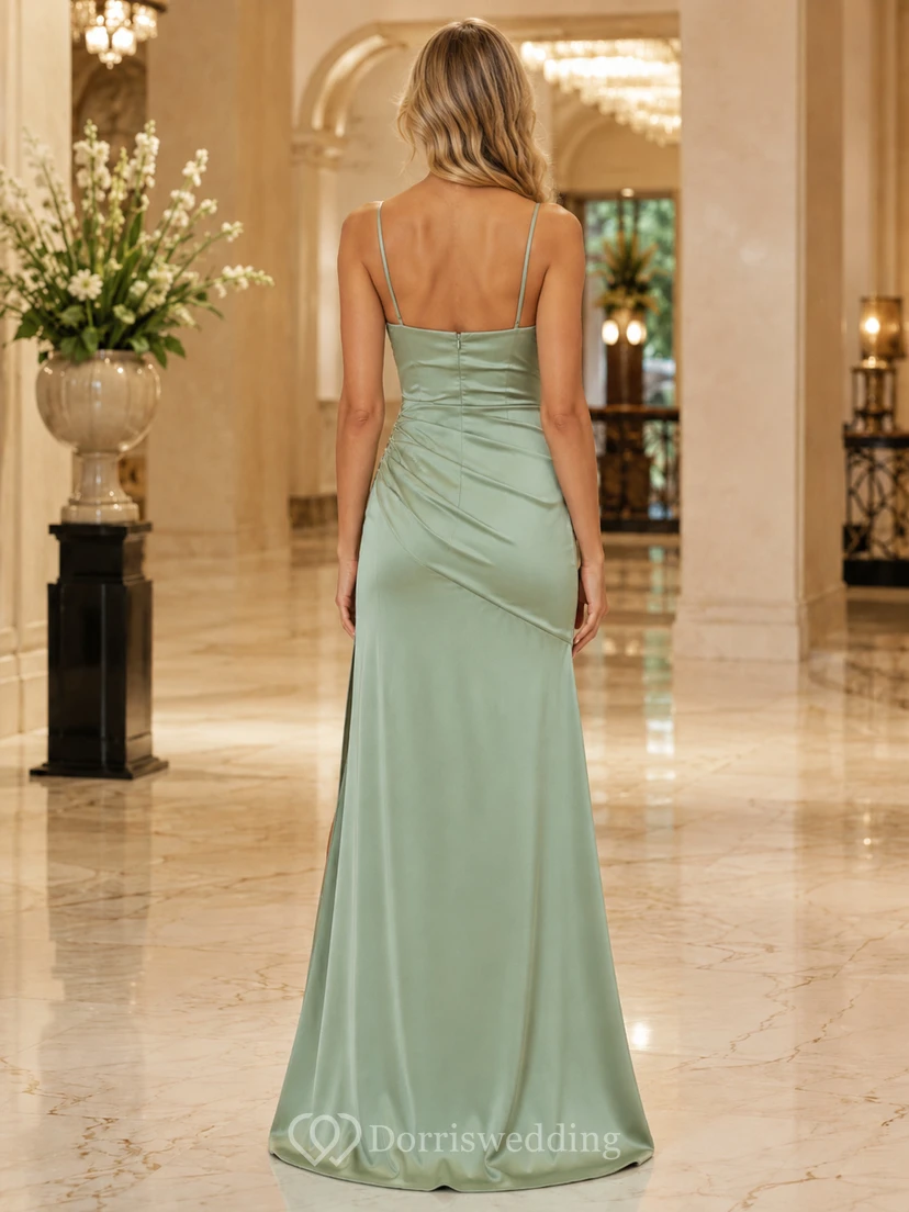 Sage Spaghetti Strap Satin Slit Evening Dress view 2