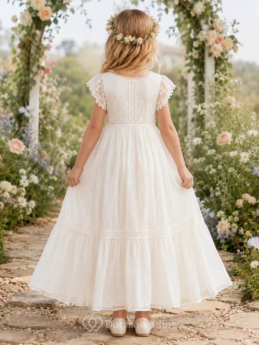 Flower Girl Dress Ivory Lace Tulle A-Line Short Sleeve Scoop Neck Tea Length view 2