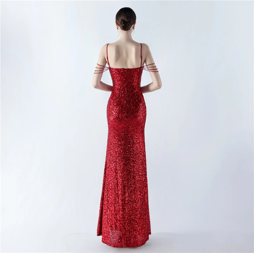 Robe de soirée sexy à bretelles et fente haute, ornée de perles et de perles artisanales. view 11
