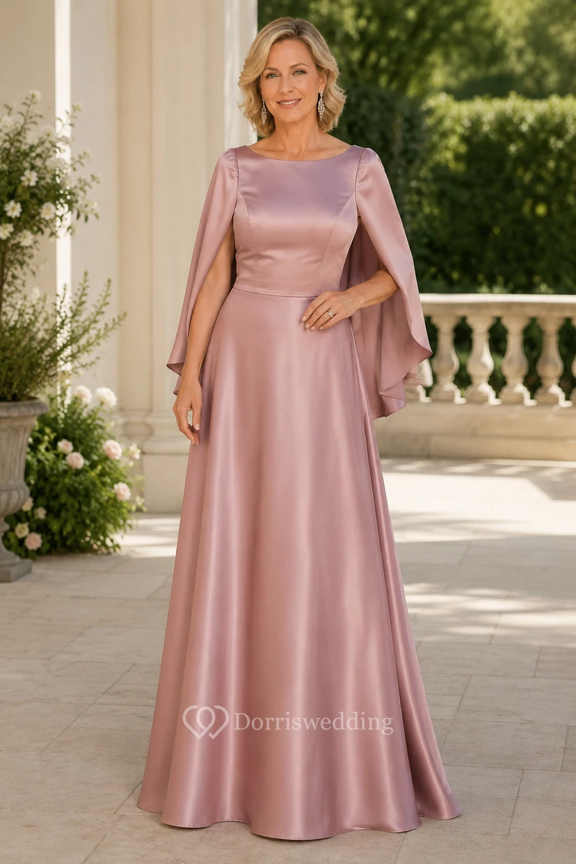 MOB-Kleid aus altrosafarbenem Satin, A-Linie, lange Ärmel, U-Boot-Ausschnitt, bodenlang, Cape-Ärmel-Detail