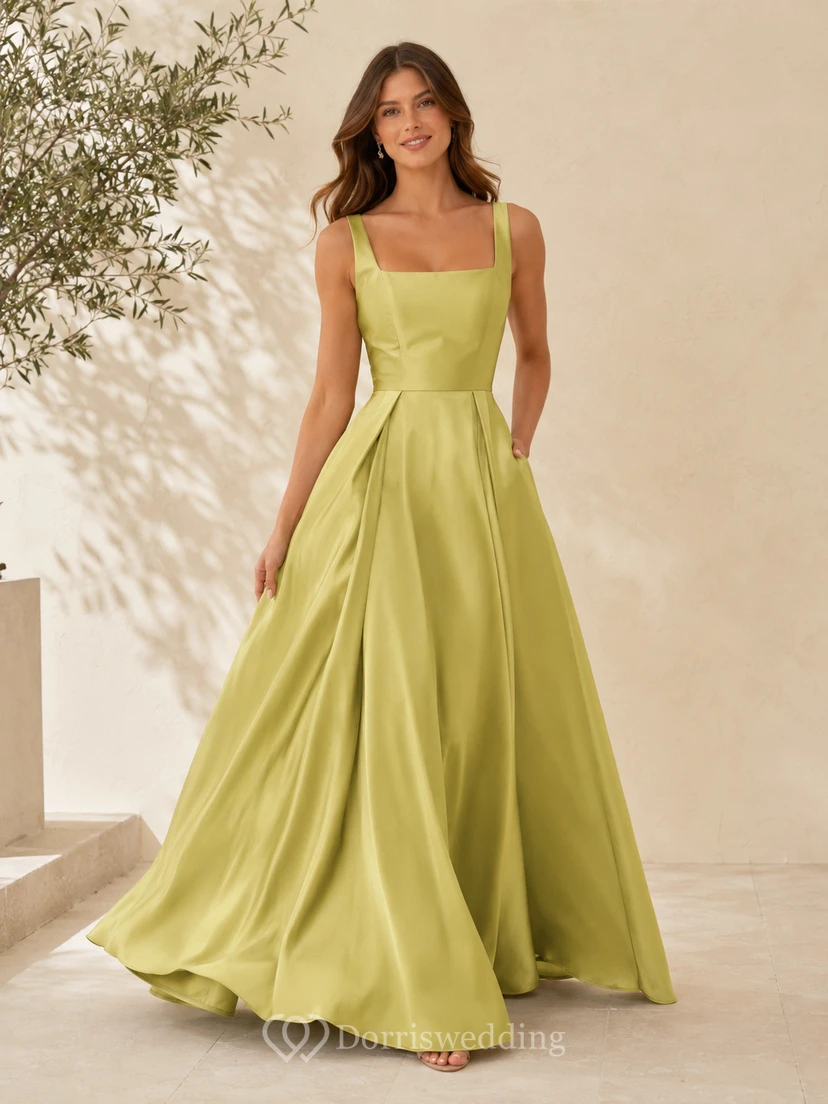 Robe de mariée vert citron à bretelles carrées en satin, coupe trapèze, longueur au sol
