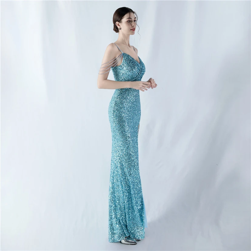 Robe de soirée sexy à bretelles et fente haute, ornée de perles et de perles artisanales. view 67