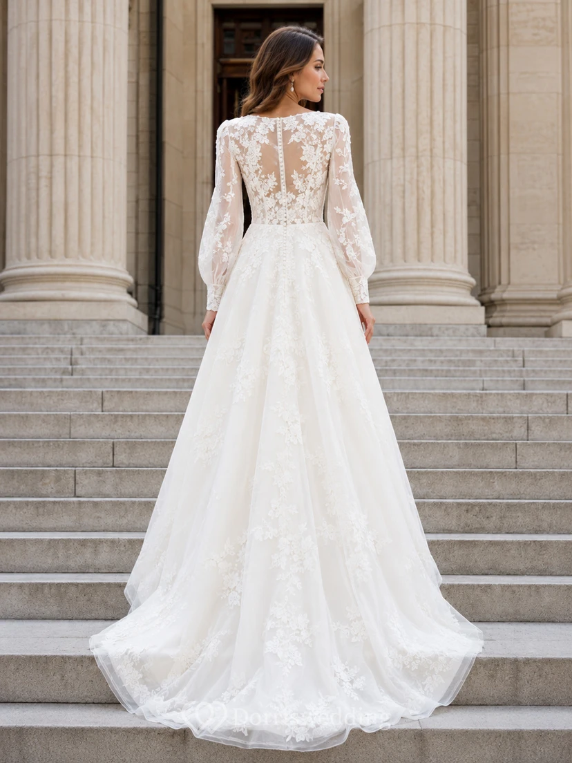 Langärmeliges Spitzenkleid mit asymmetrischem Saum für standesamtliche Hochzeiten view 2