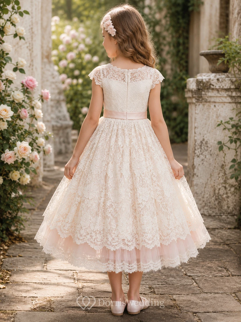 Robe de demoiselle d'honneur asymétrique en tulle et dentelle, coupe trapèze, manches courtes, col rond et ceinture. view 2