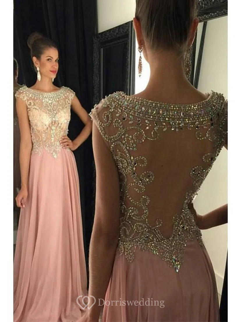 A-line Sleeveless Scoop Beading Chiffon Sweep Train Dresses view 2