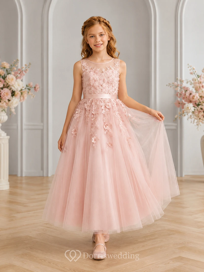 Blush Floral Applique Lace Tea-Length A-Line Flower Girl Garden Wedding Tulle Dress