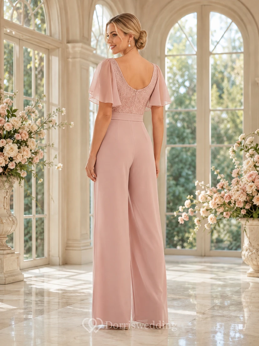 Dusty Rose Cowl Neck Beaded Lace Flutter Sleeve Wide Leg Floor Length Mother Jumpsuit view 2