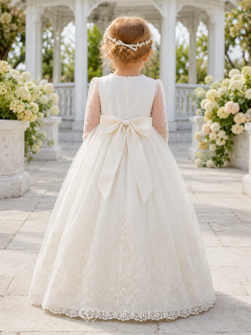 Cross Embroidered Christening Gown A-Line Tulle Satin Jewel Neck Sleeveless