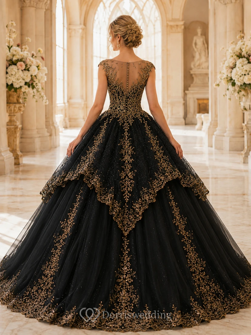 Black Gold Bateau Illusion Layered Embroidered Luxury Princess Quinceanera Ball Gown view 2