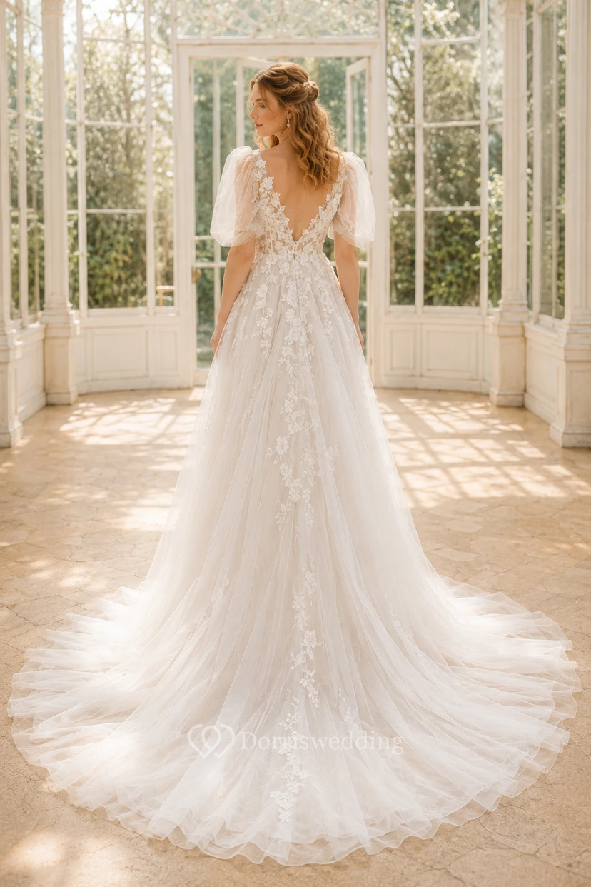 Wedding A-Line Tulle Dress with Puff Sleeves, V-Neck Lace Bodice, and Train view 2