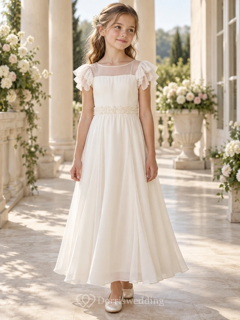 Ivory Illusion Neck Petal Sleeve Beaded Waist Georgette Flower Girl Dress