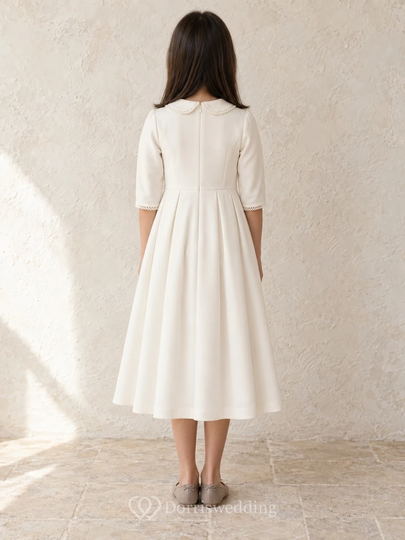 Modest Simple Ivory Tea-length Round-Collar Tiny-Loop-Lace-Cuff Slim Three-Quarter-Sleeve Cluster-Pleated Matte Zipper-Back Flowergirl Dress view 2