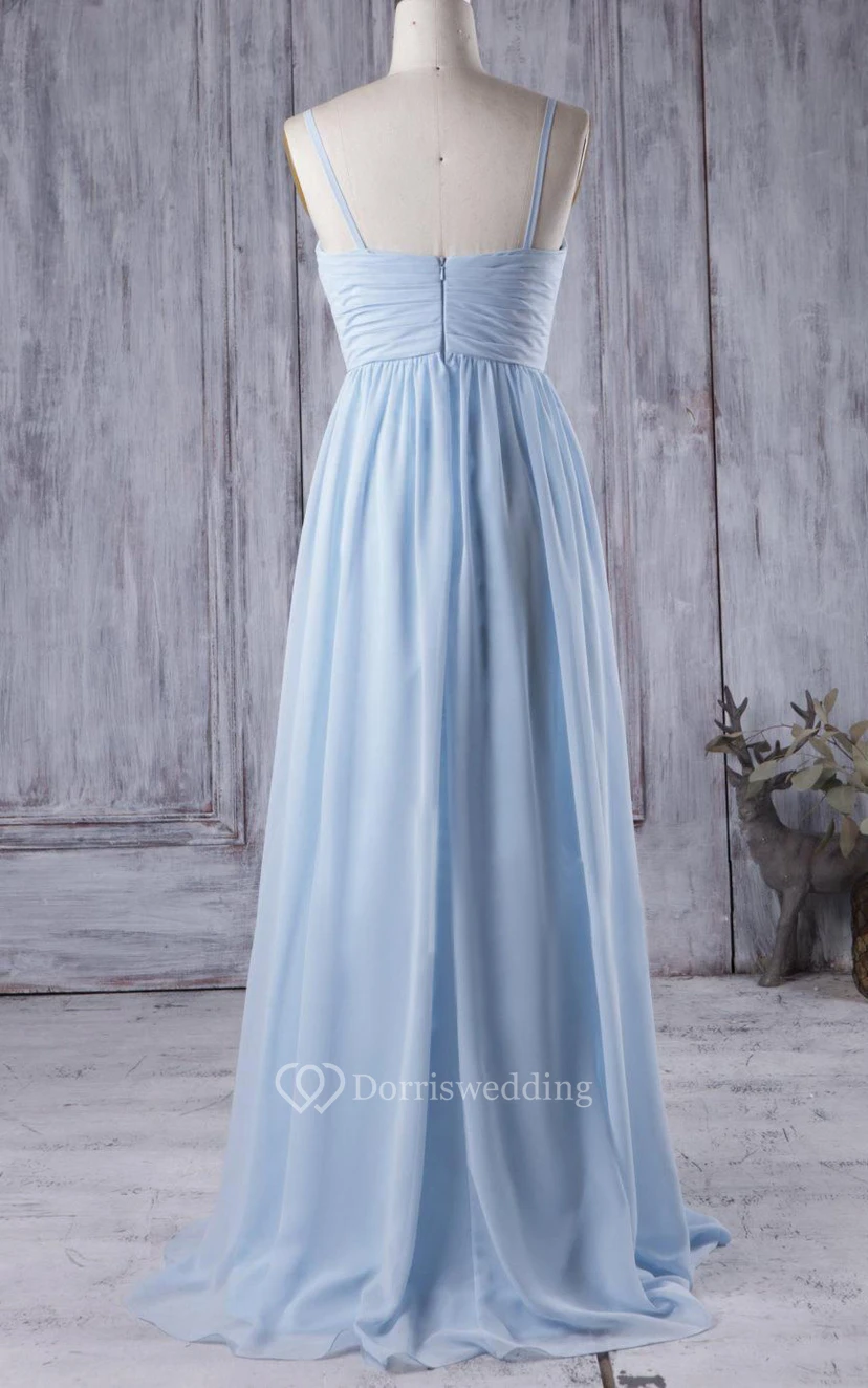 Spaghetti Straps Criss-cross Top A-line Pleated Chiffon Long Dress With Flowers view 4