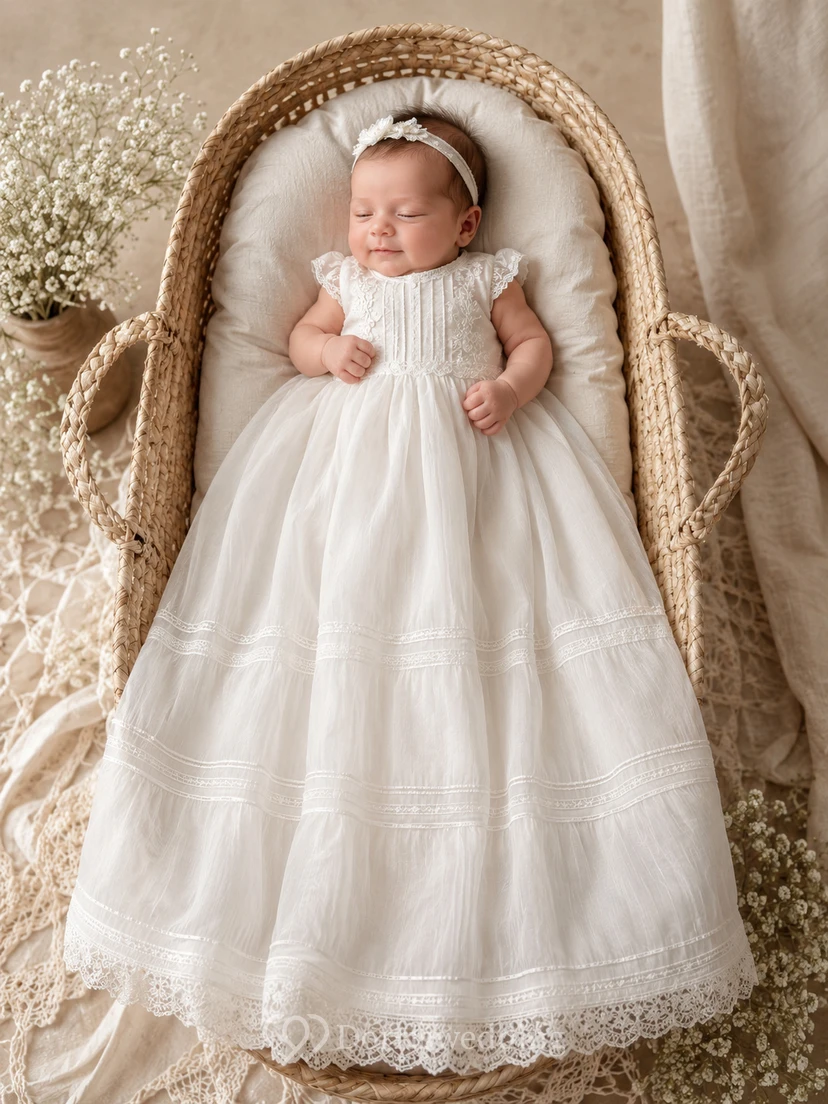Baby Baptism Christening Ceremony Gown A-Line Floor-Length Jewel Neck Sleeveless Satin Lace Bow Back Button Back