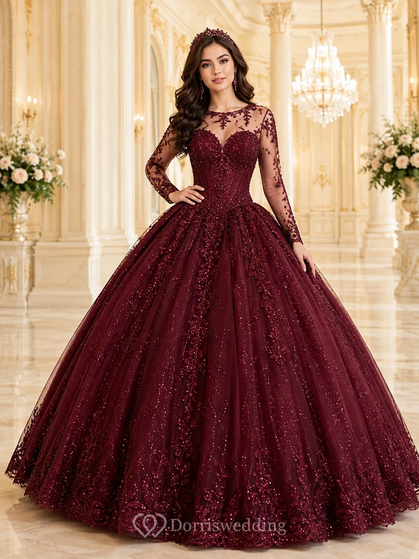 Burgunderfarbenes, langärmeliges Tüll-Ballkleid mit V-Ausschnitt und Spitze, perfekt für Quinceañeras