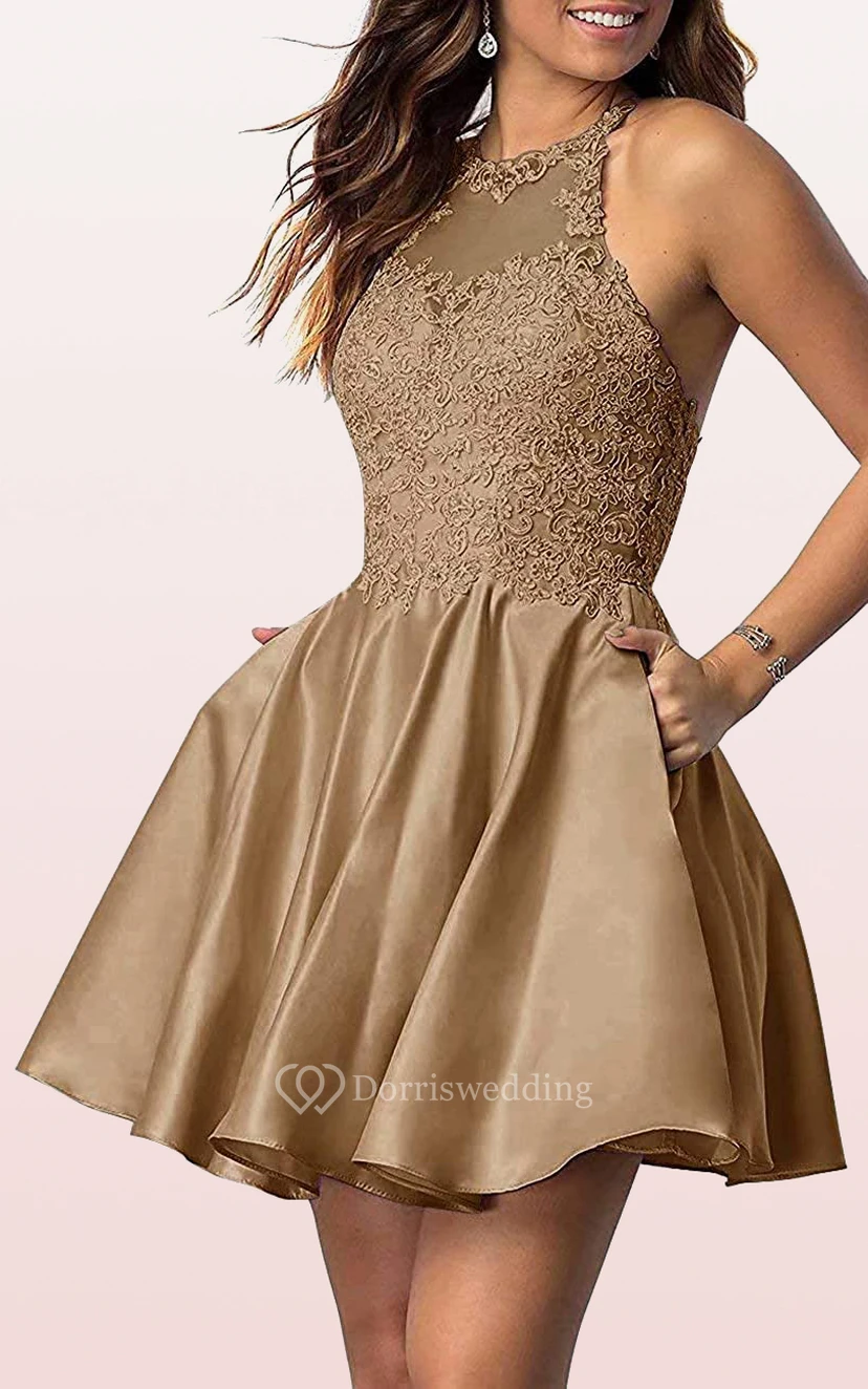 Satin Lace Mini A Line Sleeveless Adorable Homecoming Dress with Pleats view 11