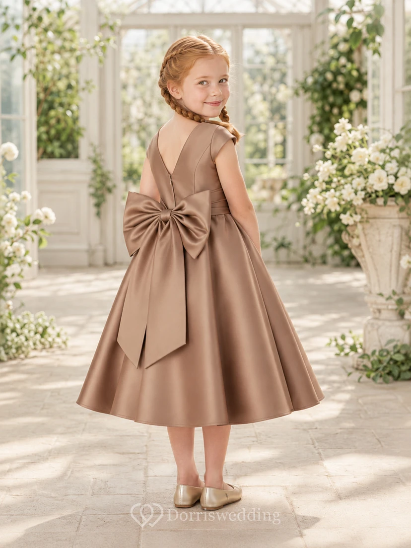 Simple Satin A-Line with Bow Flower Girl Dress with Jewel Neck, Tea-Length Skirt and Bow Detail view 2