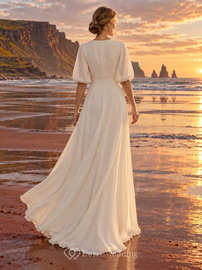 Vestido de novia de crepé de China con escote en V, mangas abullonadas y botones delanteros. view 2
