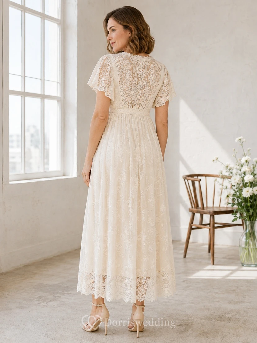 Maternity Wedding Dress Lace A-Line Tea-Length V-Neck Short Sleeve Romantic Garden Style view 2