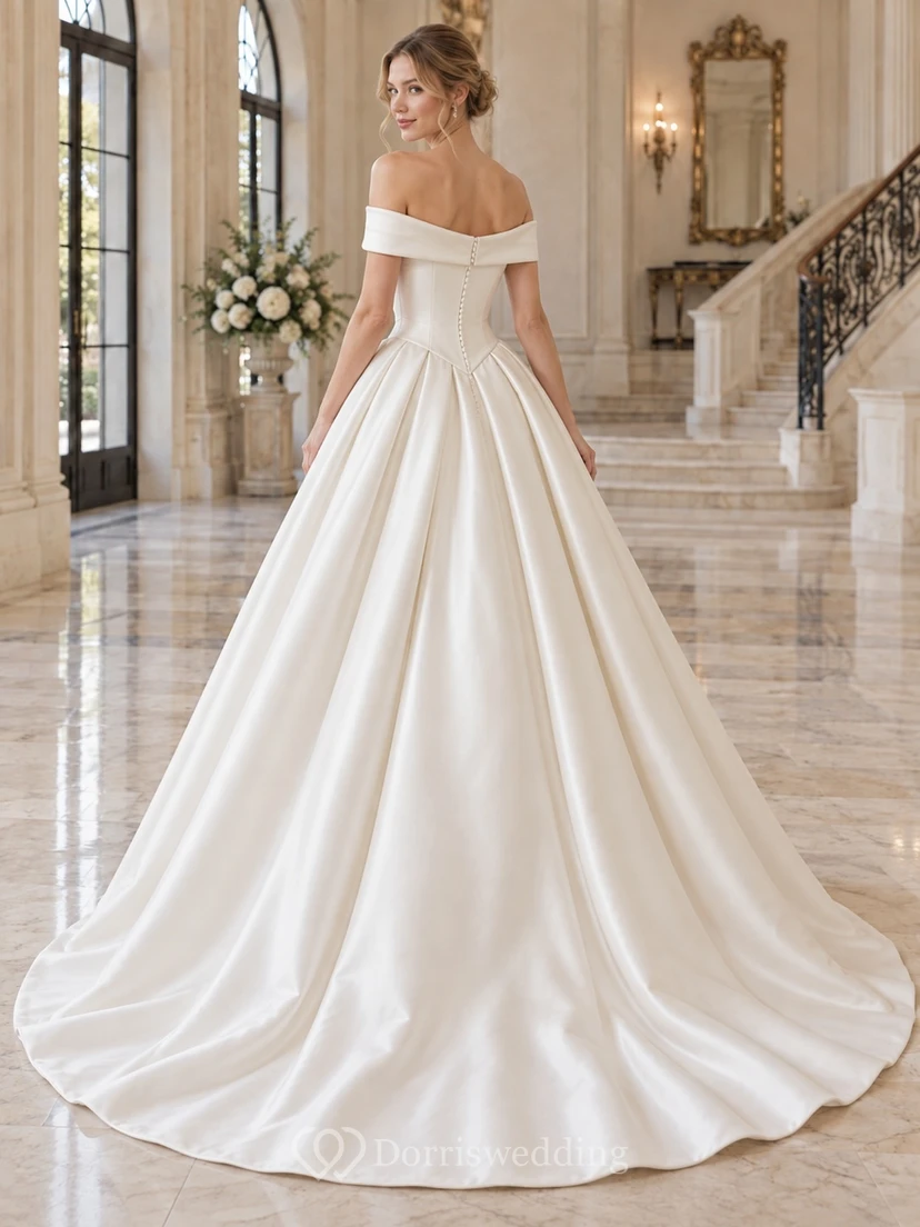 Einfaches, bodenlanges Brautkleid aus Satin mit breiten Falten, schulterfrei, kurzen Ärmeln und Falten view 2