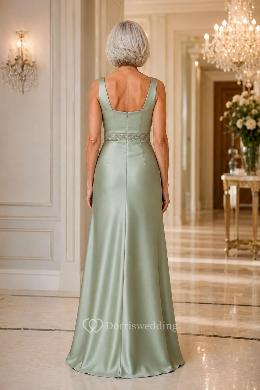 Sage Satin Square Neck Sheath Mother Dress view 2