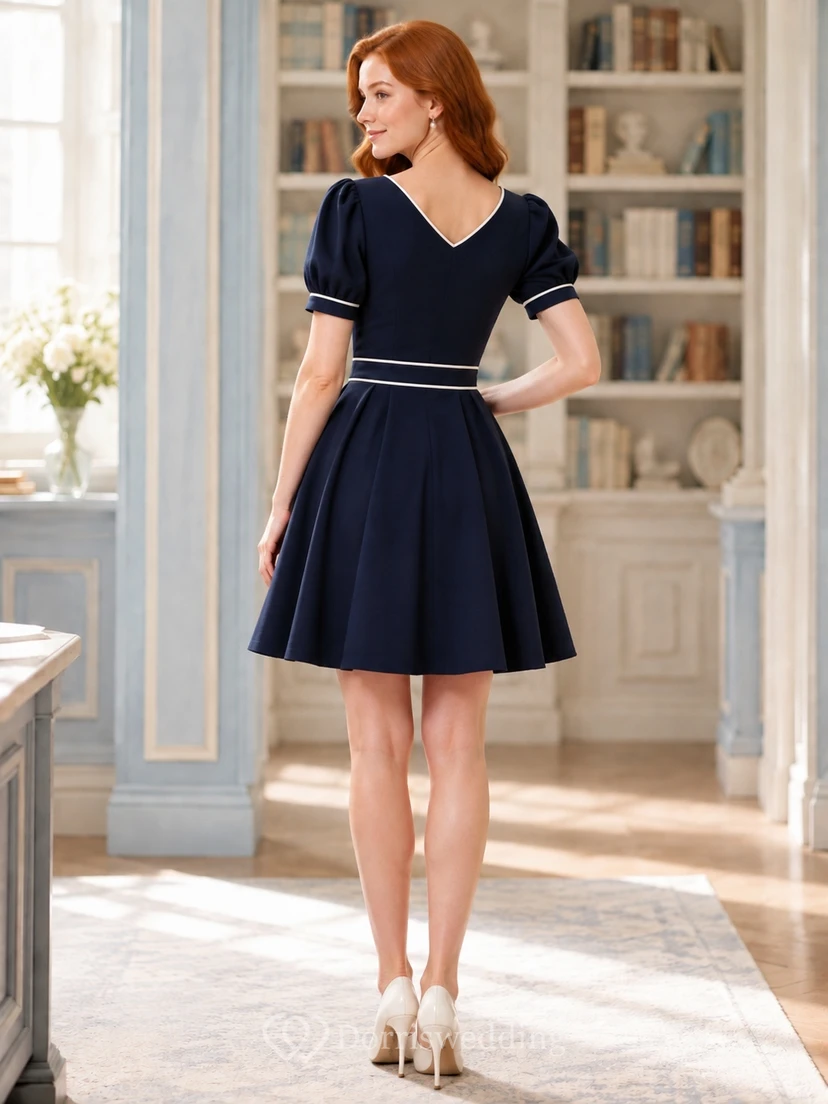 Robe de cocktail vintage bleu marine à entailles en A, coupe trapèze courte et passepoil blanc, style vintage. view 2