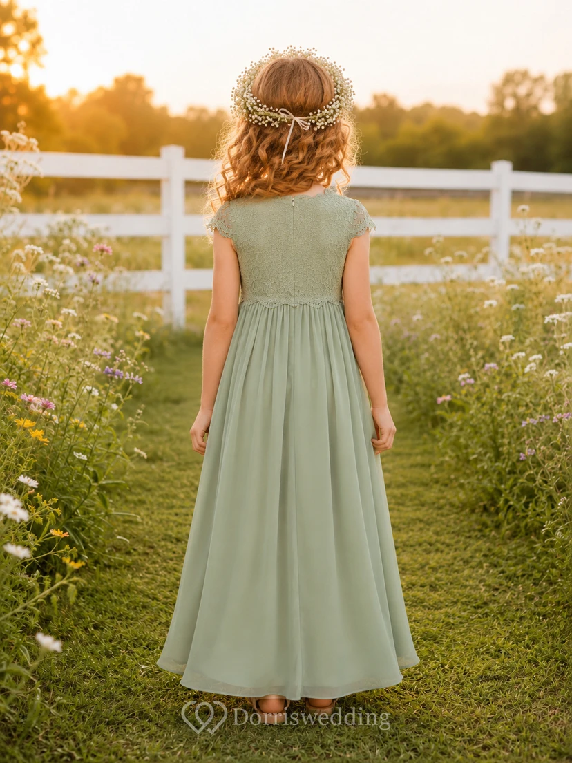 Blumenmädchenkleid aus salbeifarbenem Chiffon, A-Linie, mit flatternden Ärmeln, V-Ausschnitt, bodenlang, plissiert view 2