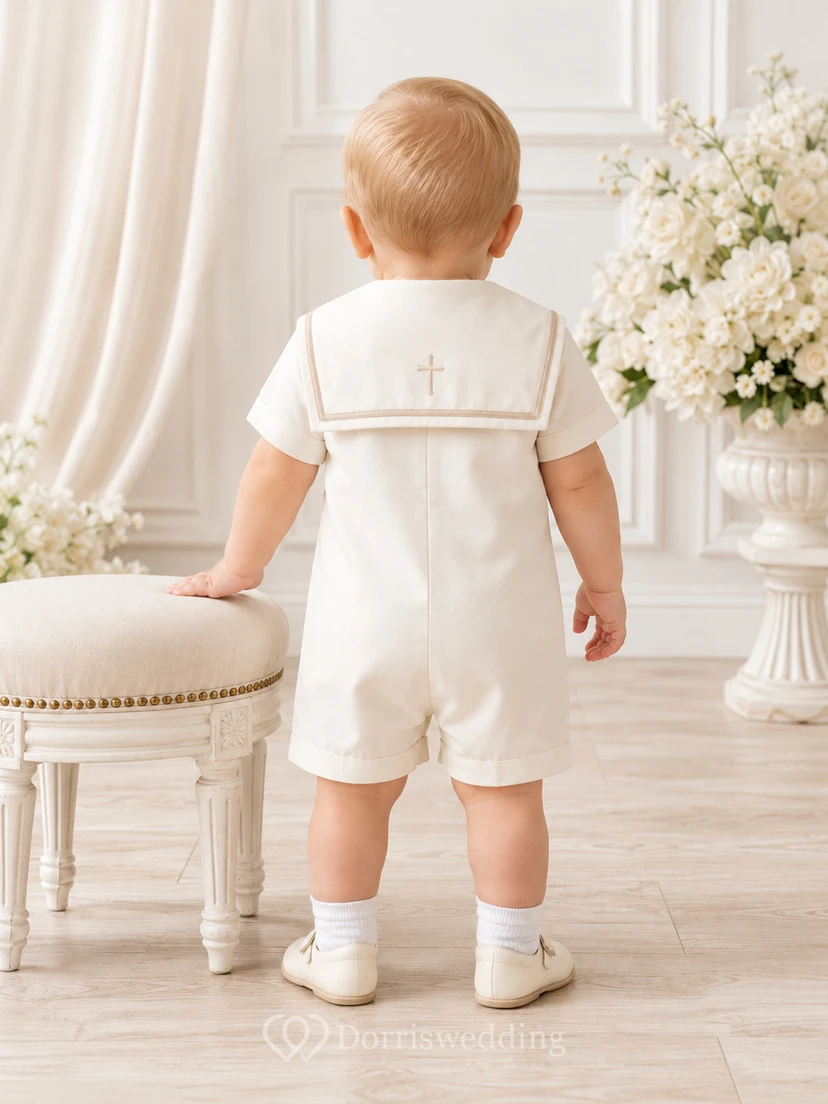 Moderner weißer Kurzarm-Taufanzug mit marineblauen Paspeln im Matrosen-Stil, ideal für Babys und Babys zur Taufe. view 2