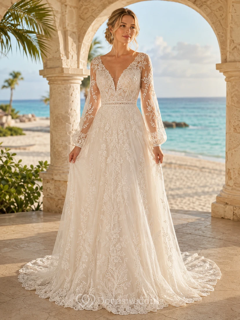 Boho Poet Sleeve Full Lace A-Line Resort Destination Wedding Dress