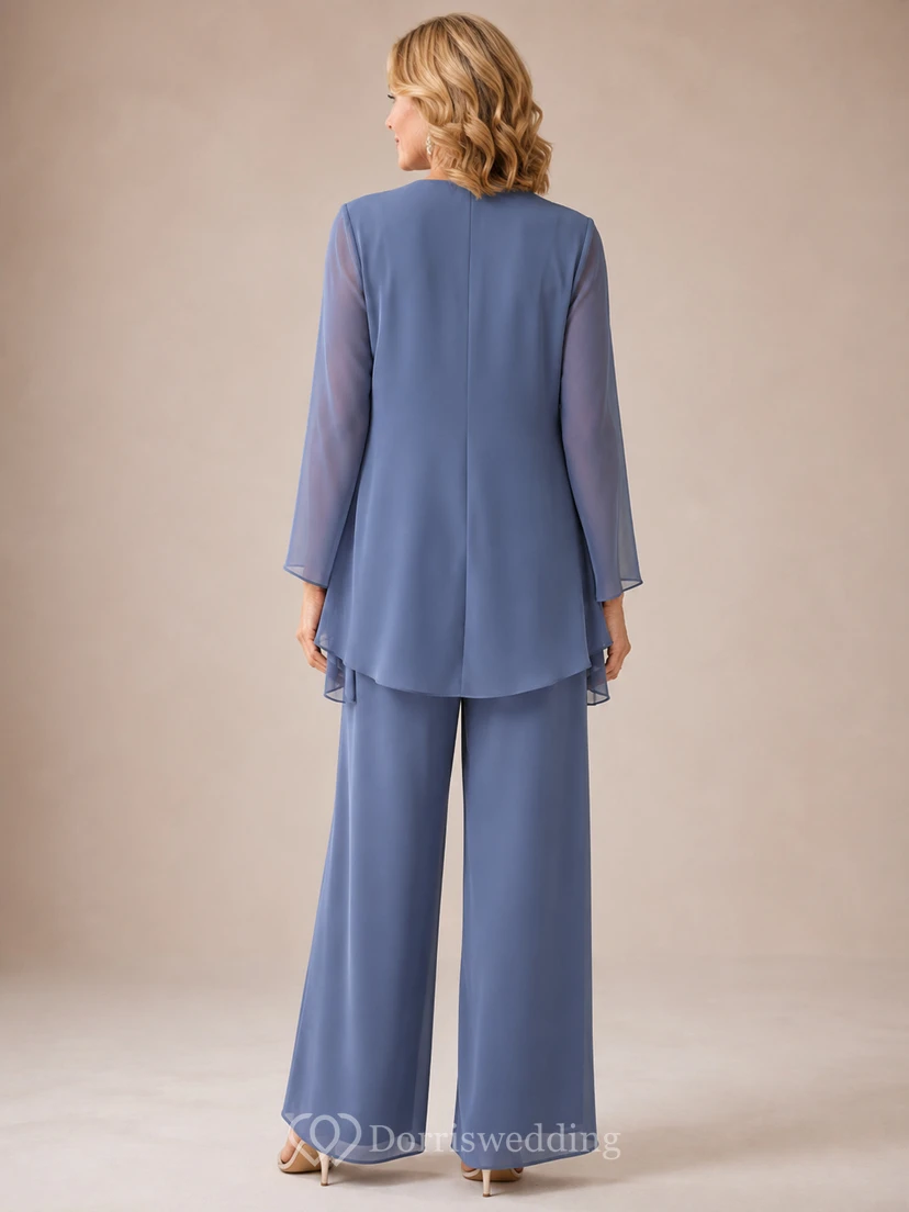 Mother Steel Blue Chiffon Pantsuit with Scoop Neck Open Jacket and Wide Leg Pants view 2