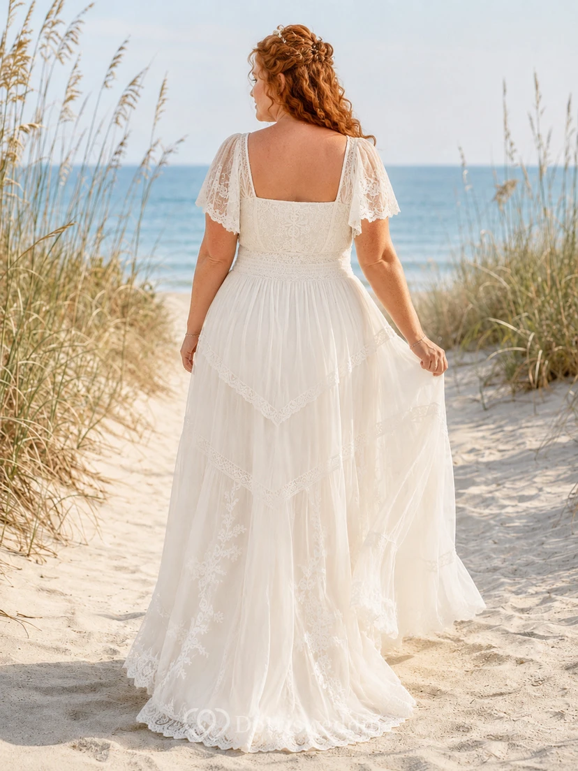Plus Size Beach Square Neck Short Flutter Sleeve Tiered Lace A-Line Wedding Dress view 2
