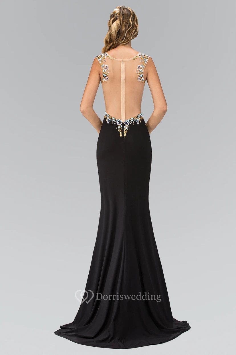 Sheath Scoop-Neck Cap-Sleeve Jersey Illusion Dress With Beading view 2