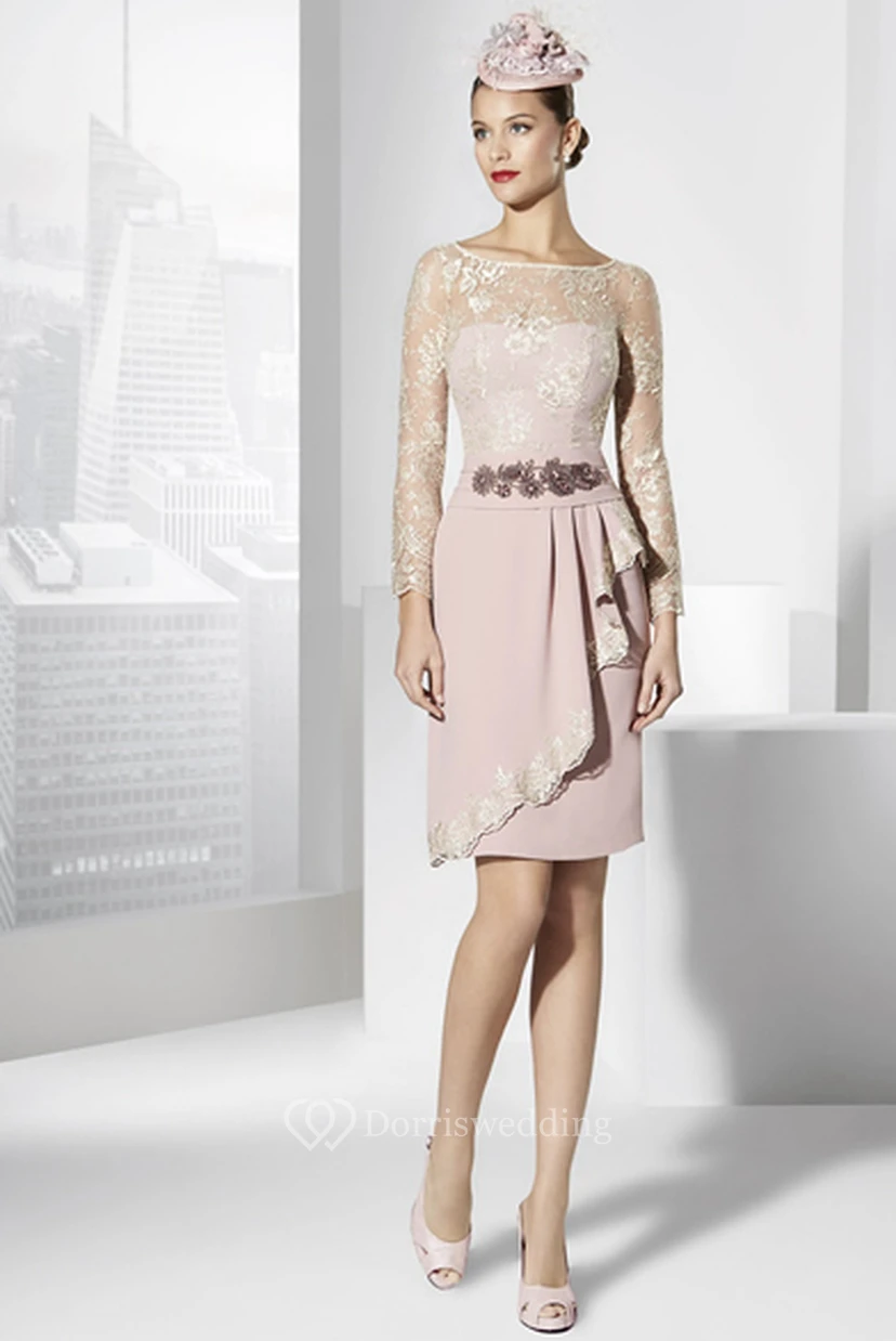 Pencil Long Sleeve Scoop Neck Short Mini Appliqued Jersey Prom Dress With Draping