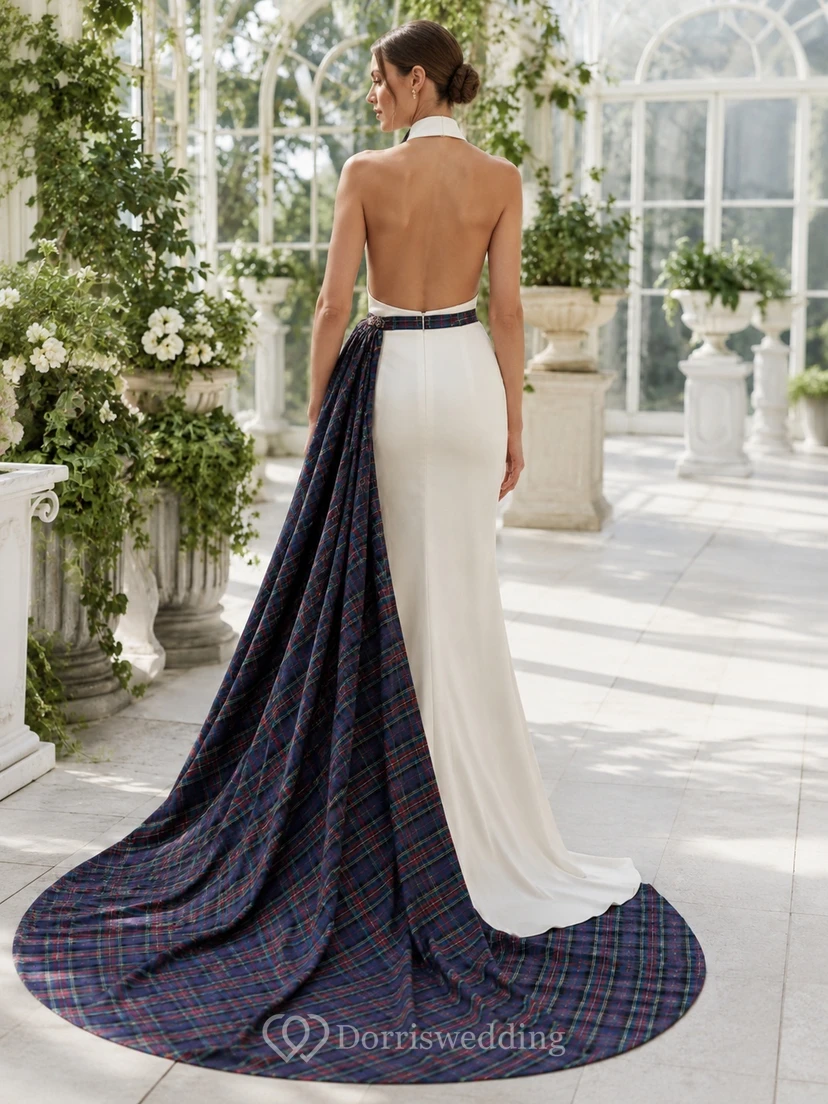 Modernes Brautkleid aus schottischem Marineblau mit Tartanmuster, Neckholder, Satin und abnehmbarem Rock view 2