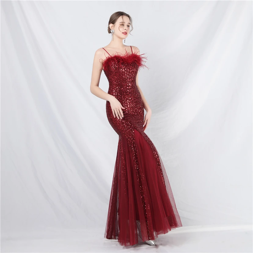 Craft Ostrich Feather Mesh Sequined Long Evening Dress view 21