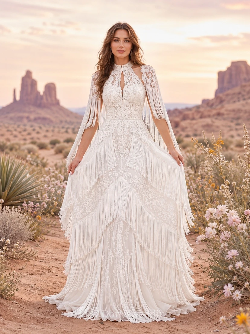 Vestido de novia formal de corte A con cuello alto y manga larga, estilo bohemio.