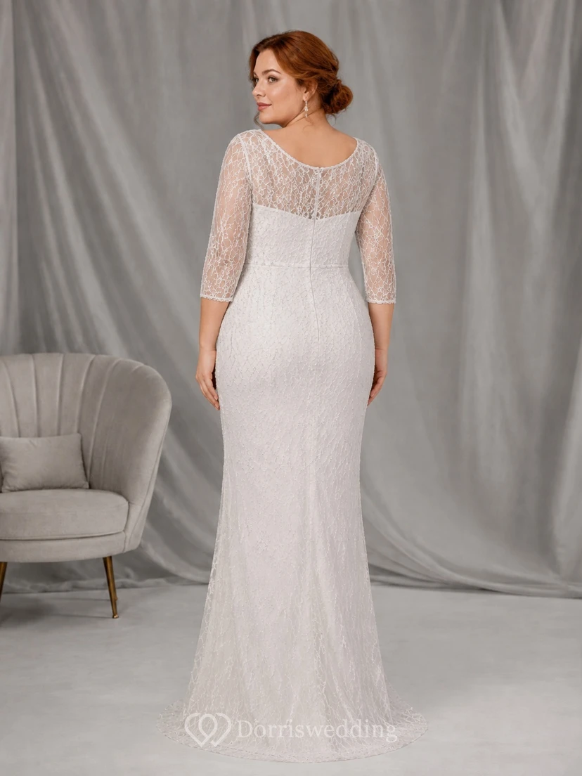White Guest Lacework Mermaid/Trumpet Jewel Lace 3/4 Length Sleeve Floor-length Modest Dress view 2