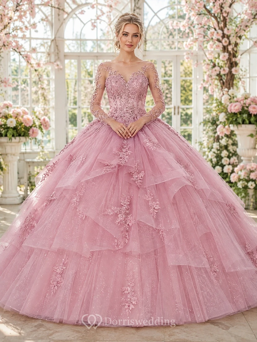 Dusty Pink Long Sleeve Lace Tulle Ball Gown Applique Quinceanera Dress