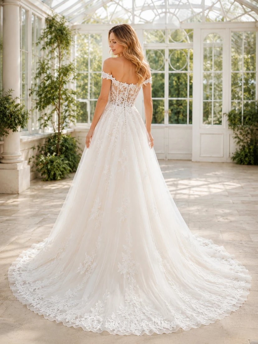 Robe de mariée trapèze en tulle et dentelle florale à épaules dénudées et manches courtes view 2