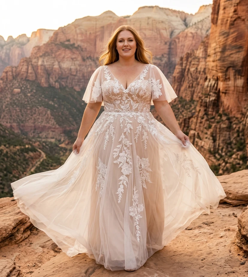 Plus Size V-Neck Lace A-Line Wedding Dress with Flutter Sleeves