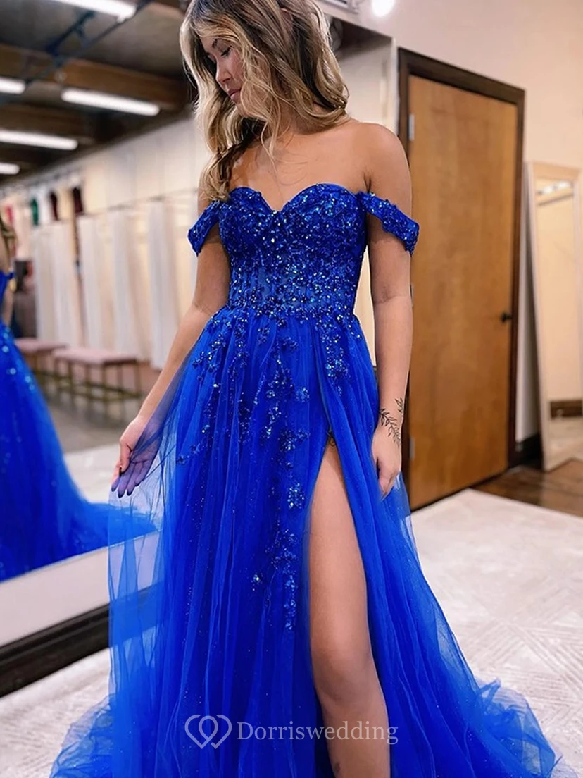 Blaues schulterfreies Tüll-Abendkleid mit Schlitz vorne und Perlenstickerei view 3