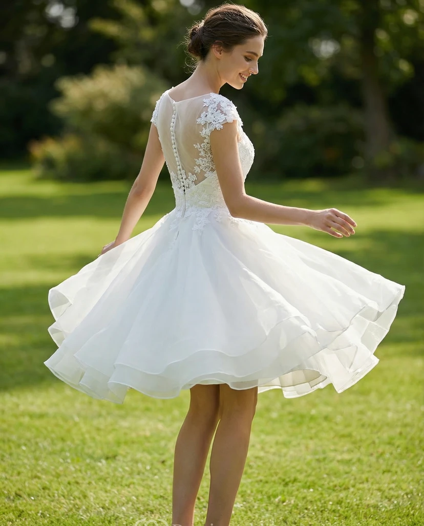 Robe courte en organza à col rond et manches cloche view 2