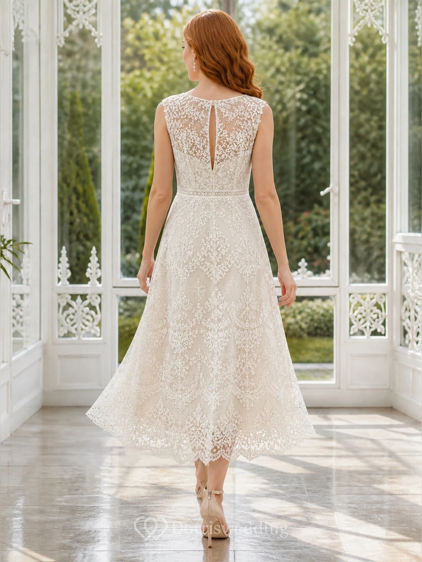 Vestido de novia civil sin mangas, de corte A, estilo vintage, modesto, de encaje y largo hasta la rodilla. view 2