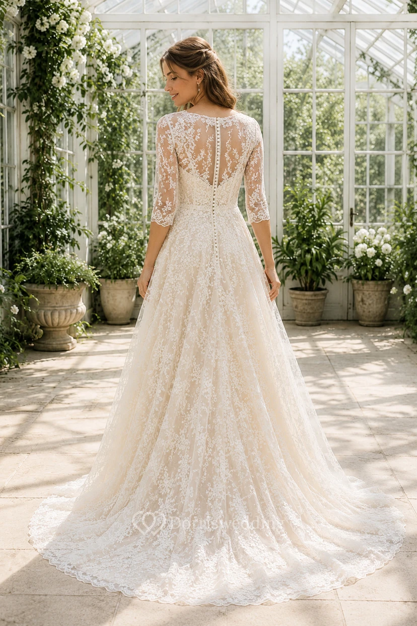 Robe de mariée en dentelle et tulle, coupe trapèze, col en V, sans manches, traîne, dos nu plongeant. view 2