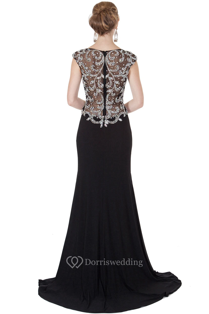 Scoop Neck Cap Sleeve Beaded Chiffon Evening Dress With Brush Train view 2