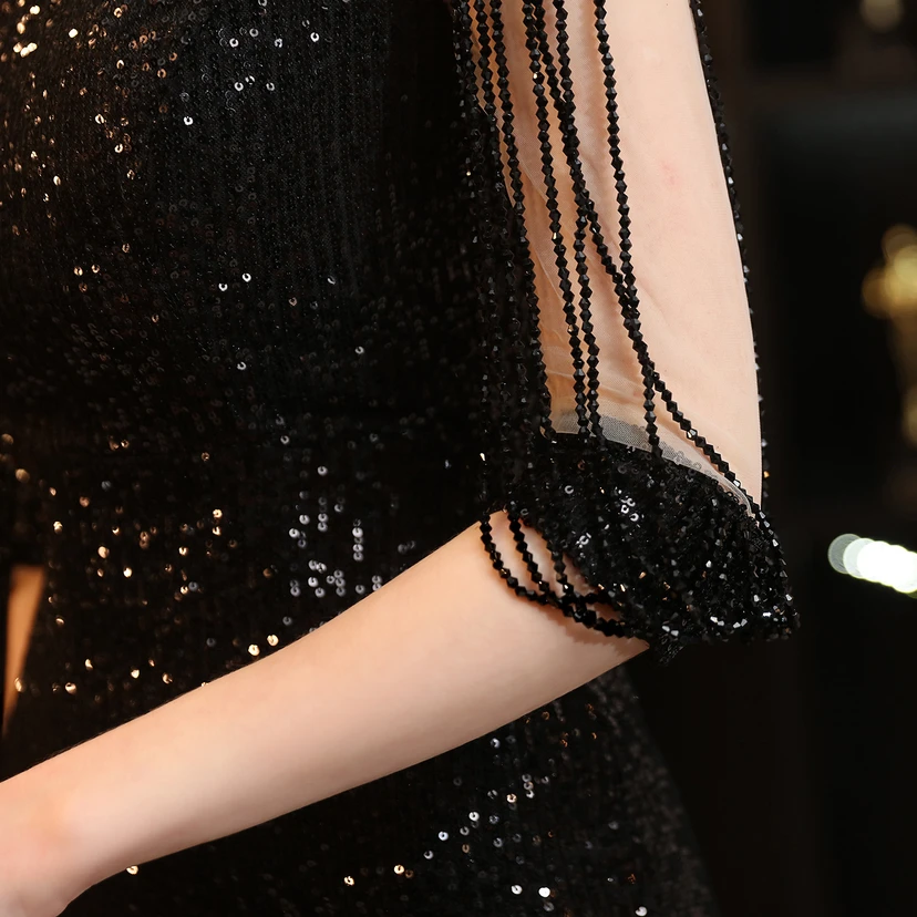 Vestido de noche elegante, largo, sin mangas, con lentejuelas y cola de sirena, estilo banquete. view 18