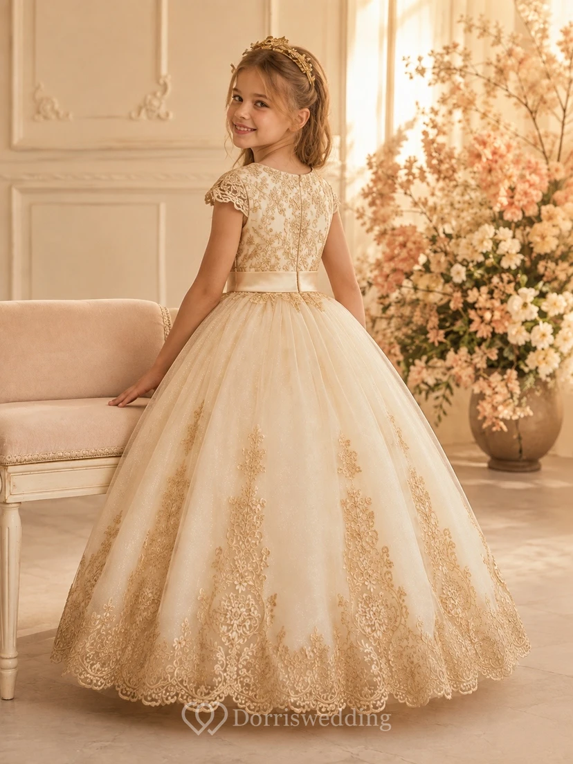 Cream Floral Tulle Cap Sleeve Flowergirl Ball Gown Dress view 2