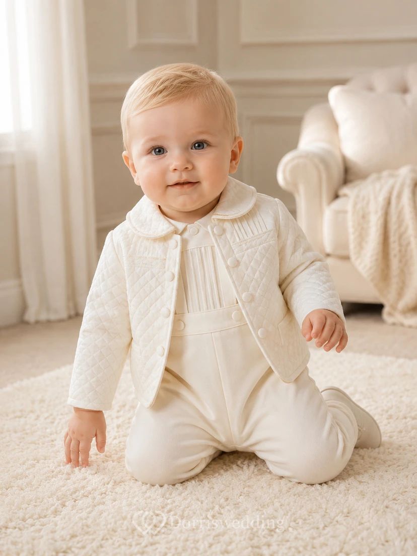Traje de bautismo acolchado color marfil con cuello Peter y manga larga para bebé niño