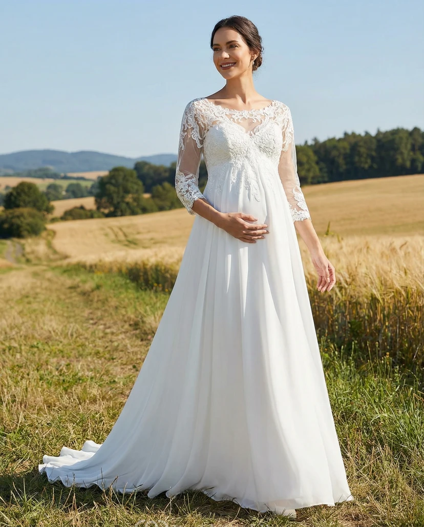 White Lace Long Sleeve Maternity Wedding Dress with Illusion Neckline