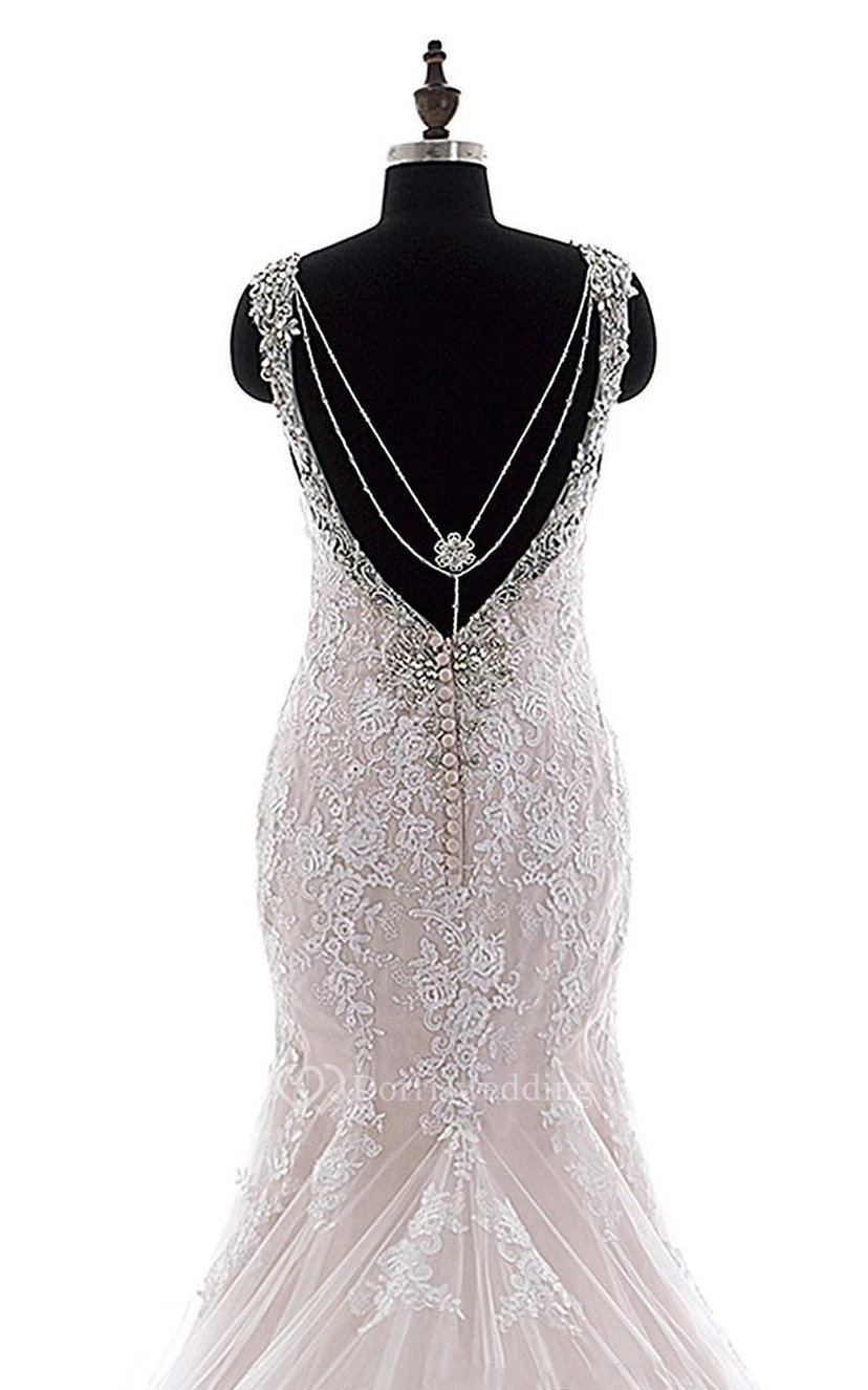 Mermaid Mini Straps V-Neck Bell Cap Beading Appliques Court Train Backless Straps Lace Dress view 5